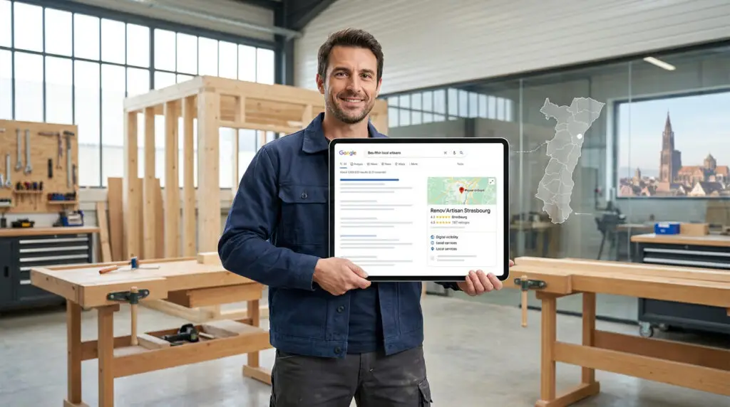Un artisan souriant dans son atelier présentant une tablette affichant un résultat de recherche Google local.