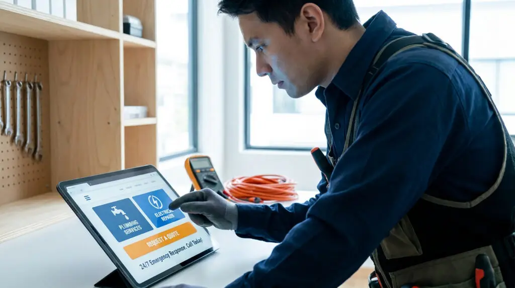 Un technicien en tenue de travail utilise une tablette pour gérer ses services de plomberie et d'électricité.