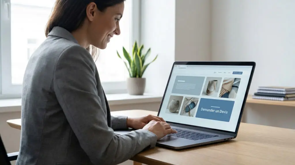 Une femme souriante travaille sur un ordinateur portable affichant un site vitrine pour artisan avec un bouton de devis.