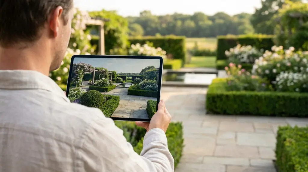 Un homme utilise une tablette pour visualiser un projet de jardin paysager devant un vrai jardin extérieur.