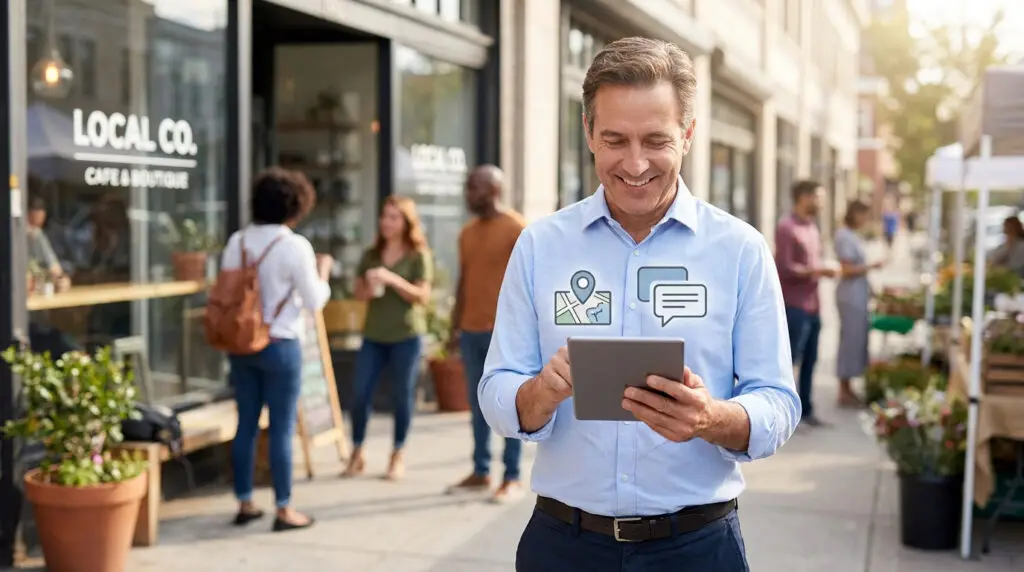 Un commerçant souriant utilise une tablette devant sa boutique avec des icônes numériques de géolocalisation et de message.