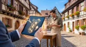 Tablette affichant une carte d'Alsace avec des points de géolocalisation devant un artisan potier.